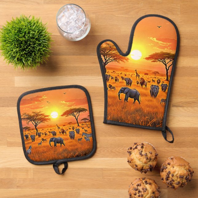 African Savanna Sunset Art Oven Mitt & Pot Holder Set (Top Down)
