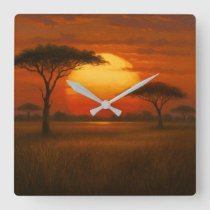 African Savannah - Scenic Illustration Style Square Wall Clock