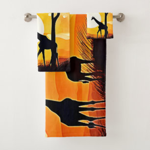 African Savannah Sunset Giraffe Scene Bath Towel Set