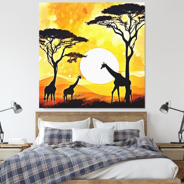 African Savannah Sunset Giraffe Scene Canvas Print (Insitu(Bedroom))