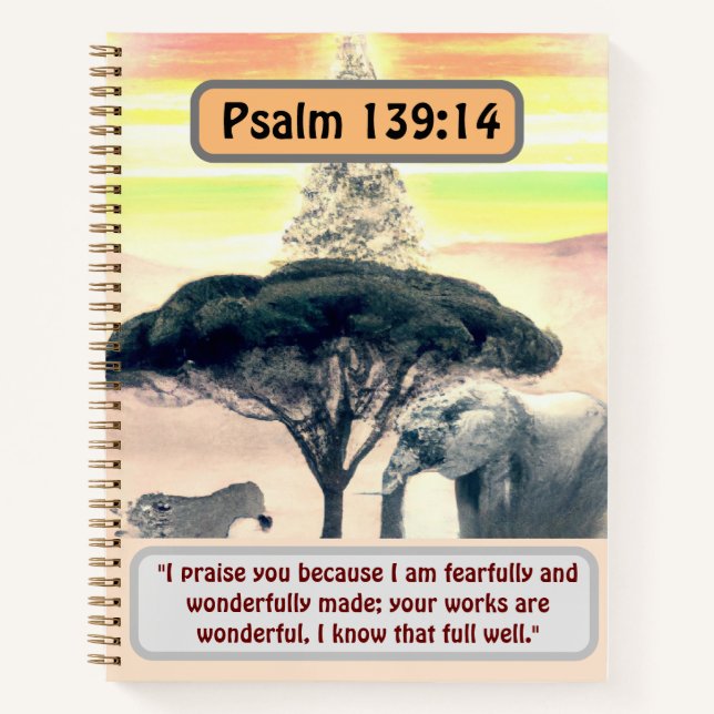 African Serenity: Elephant, Zebra and Psalm 139:14 Notebook (Front)
