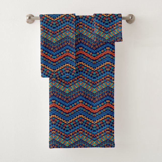 African style blue and orange pattern modern bath towel set (Insitu)