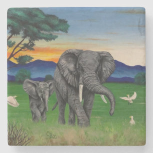 "African Sunset" Elephants Mountains Coaster