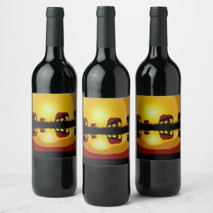 African Sunset Elephants Wine Label