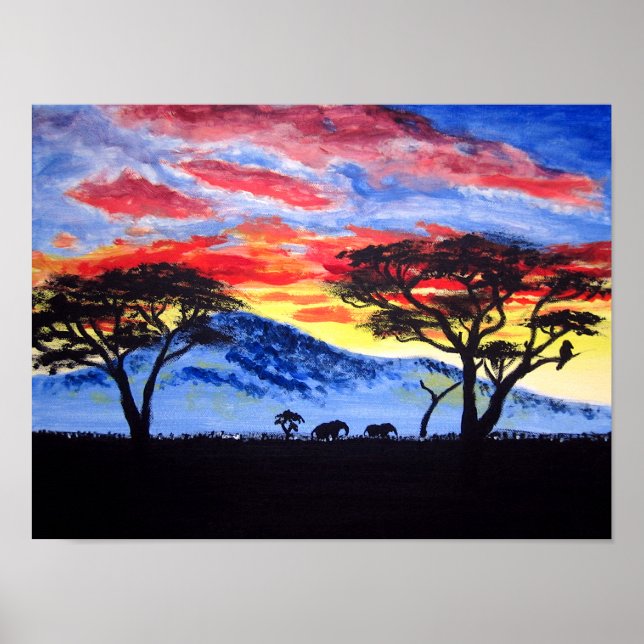 African Sunset Safari Animal Silhouette Painting Poster (Front)