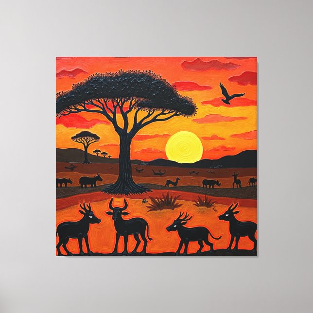 African Sunset Safari Art – Vibrant Wildlife Silho Canvas Print (Front)