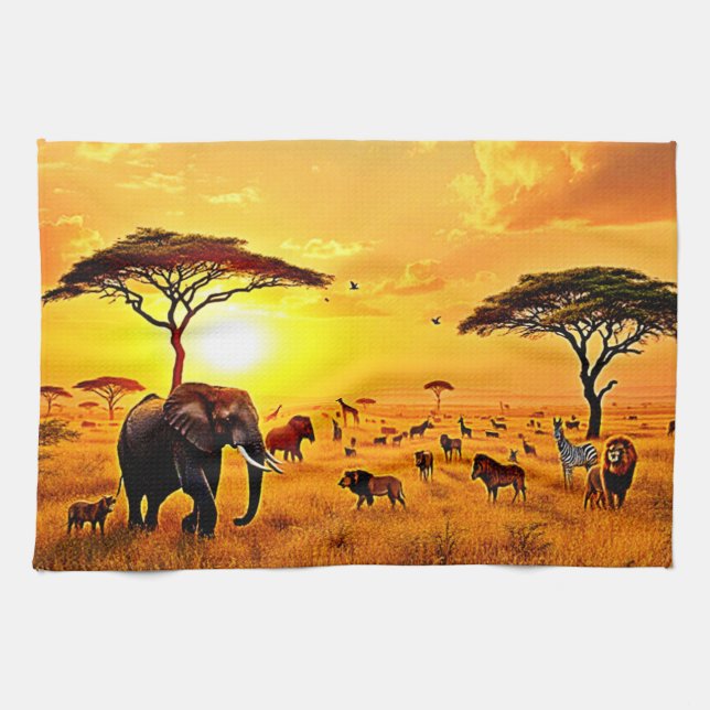 African Sunset Safari Majesty Design Tea Towel (Horizontal)