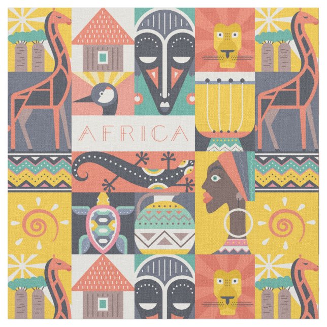 African Symbolic Art Collage Fabric (Close Up)