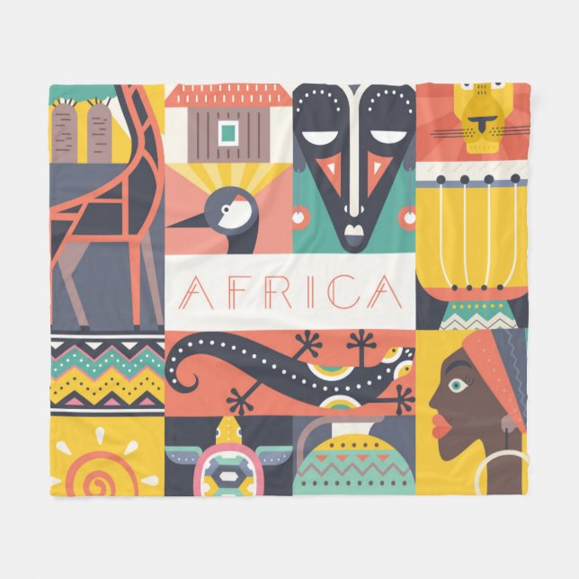 African Symbolic Art Collage Fleece Blanket (Front (Horizontal))