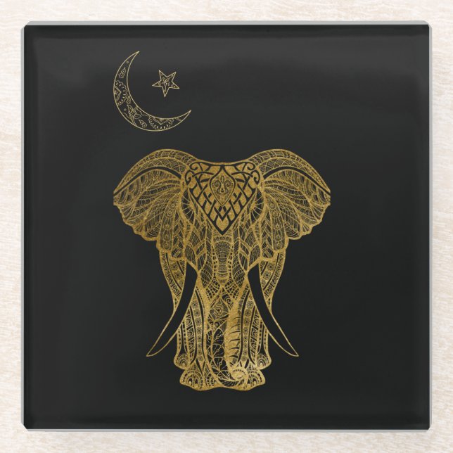 African theme - Gold elephant glass coaster (Front)