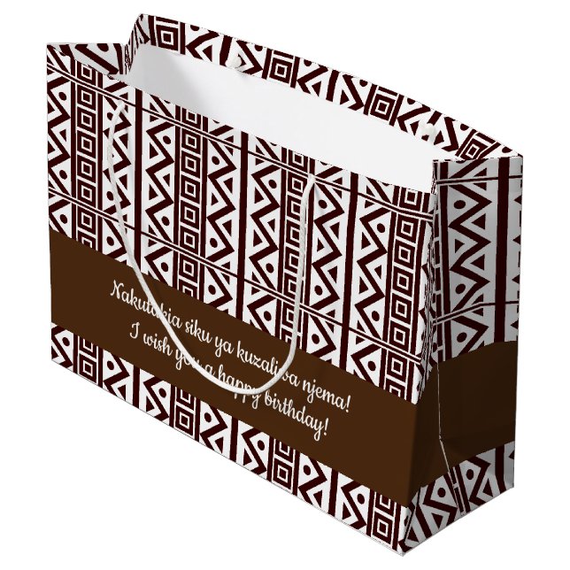 African Traditional Style Seamless Brown Pattern Large Gift Bag (Back Angled)