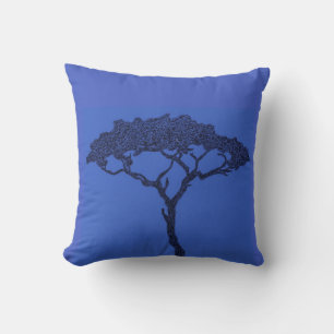 African tree black ink on dark blue cushion