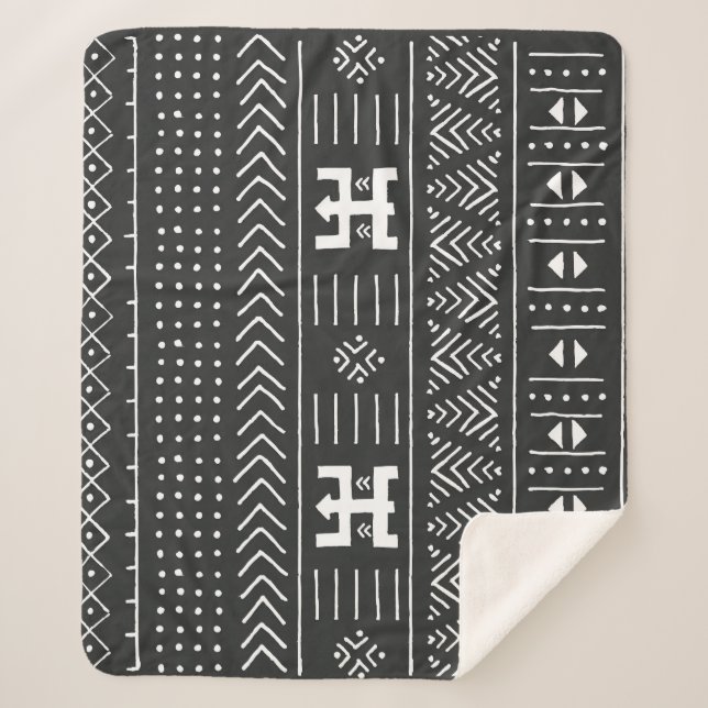 African Tribal Art: Geometric Black & White Sherpa Blanket (Front)