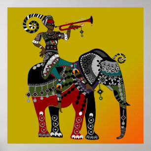 african tribal art musician riding elephant poster