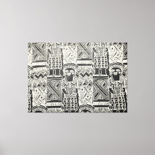 African Tribal Figure Linocut Pattern Fabric Canvas Print