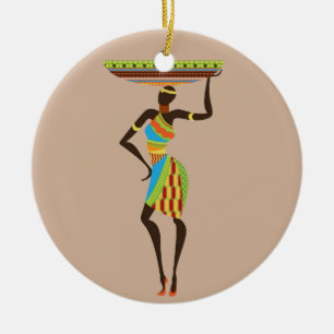 African Tribal Lady with basket tribal art Ceramic Tree Decoration