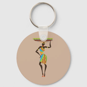 African Tribal Lady with basket tribal art Key Ring