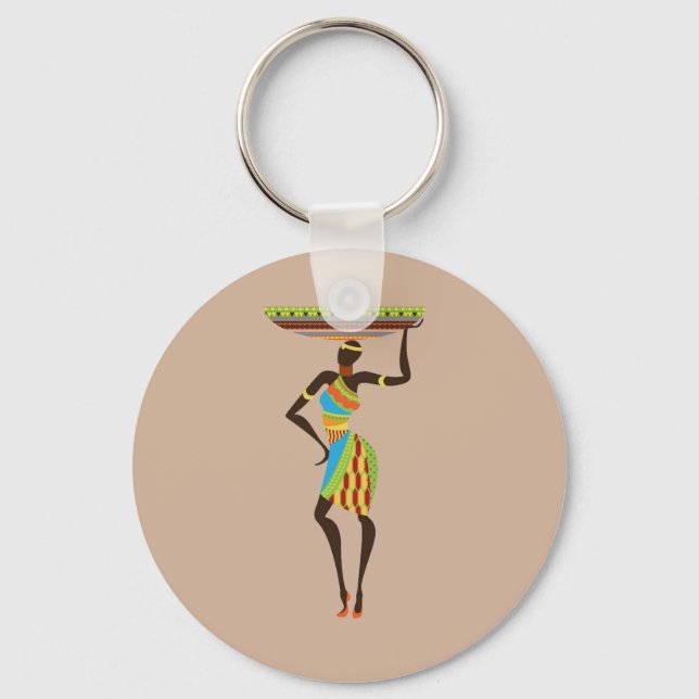 African Tribal Lady with basket tribal art Key Ring (Front)