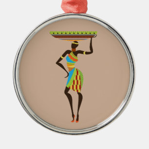 African Tribal Lady with basket tribal art Metal Tree Decoration