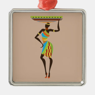 African Tribal Lady with basket tribal art Metal Tree Decoration