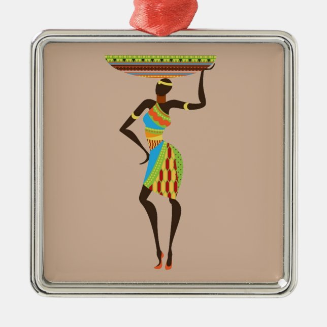 African Tribal Lady with basket tribal art Metal Tree Decoration (Front)