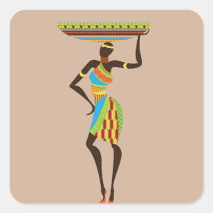 African Tribal Lady with basket tribal art Square Sticker