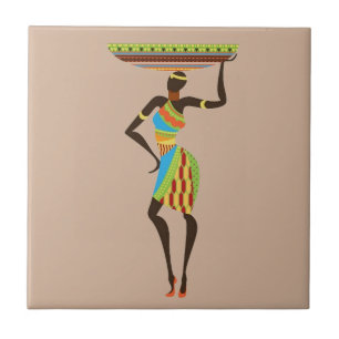African Tribal Lady with basket tribal art Tile