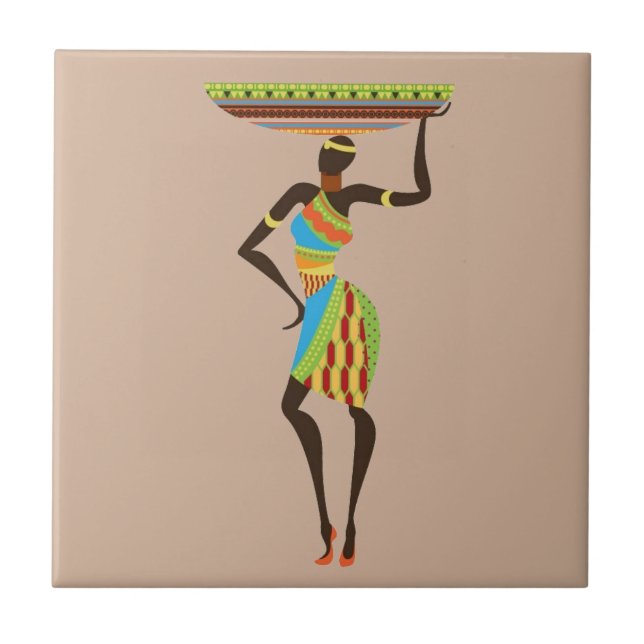African Tribal Lady with basket tribal art Tile (Front)