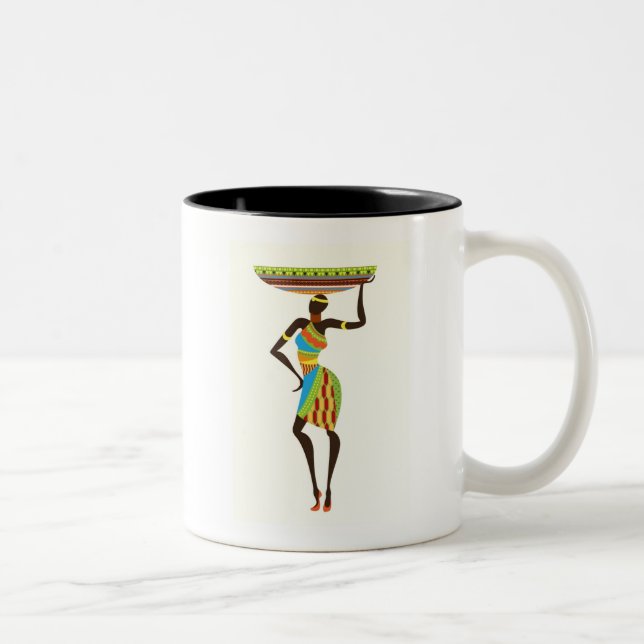 African Tribal Lady with basket tribal art Two-Tone Coffee Mug (Right)