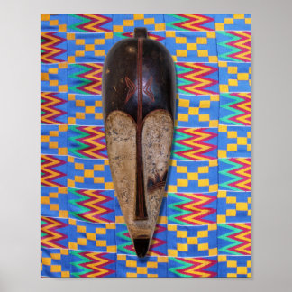 African Tribal Mask Blue Yellow Orange Kente Poster