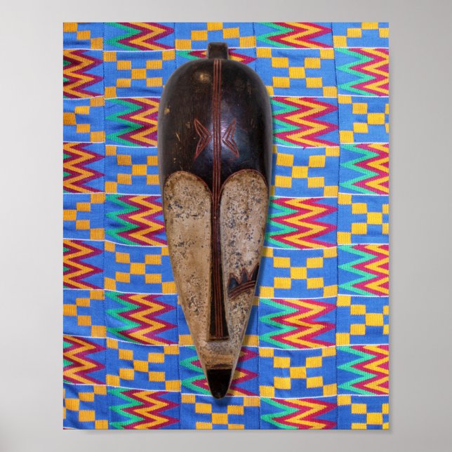 African Tribal Mask Blue Yellow Orange Kente Poster (Front)