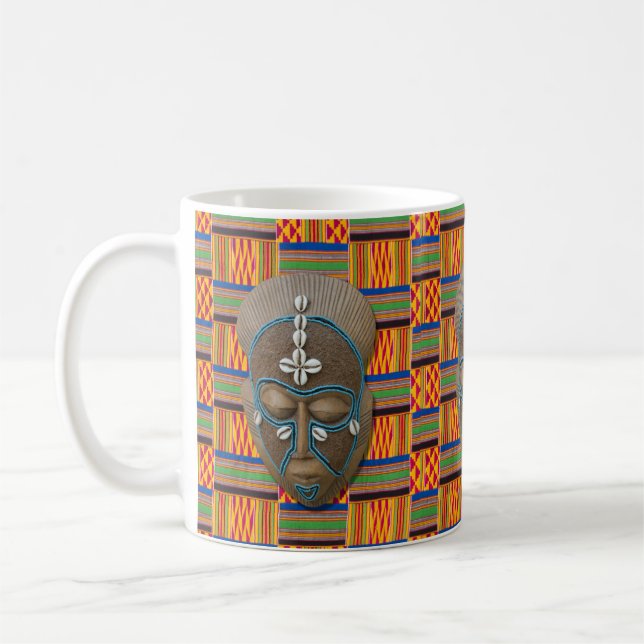 African Tribal Mask Cowrie Shells Orange Green Mug (Left)