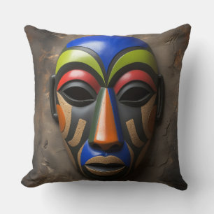 African Tribal Mask Geometric Symbolism Cushion
