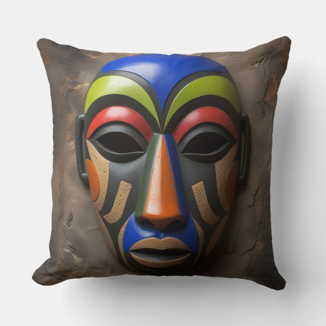 African Tribal Mask Geometric Symbolism Cushion (Front)