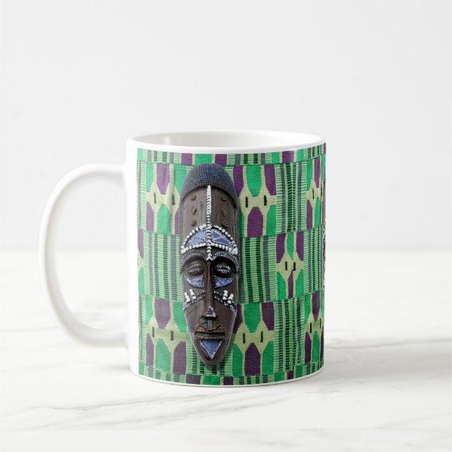 African Tribal Mask Green Blue Purple Coffee Mug (Left)