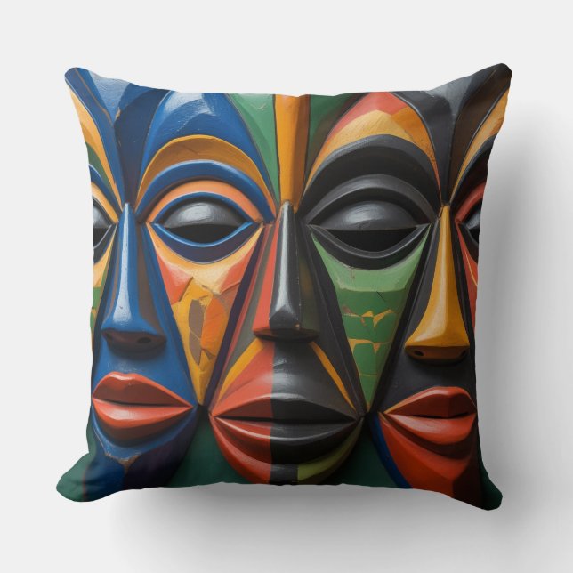 African Tribal Mask Trio Dynamic Symmetry Cushion (Front)