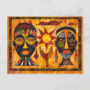 African tribal masks and sun painting holiday postcard