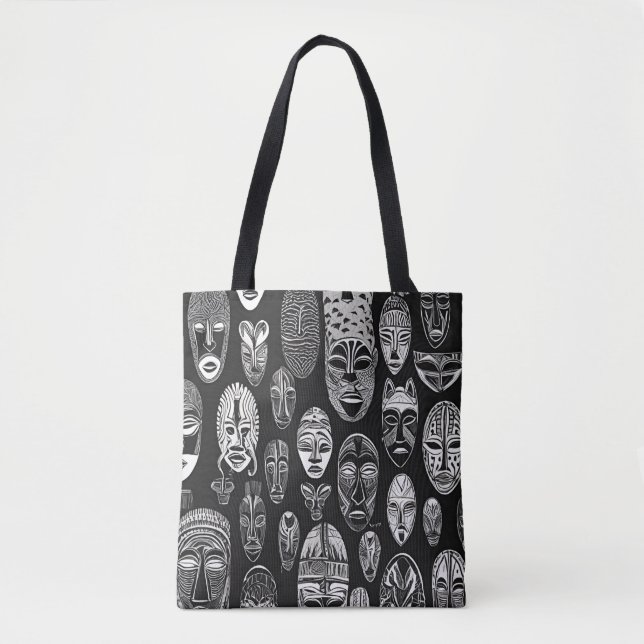 African Tribal Masks Black White Tote (Front)