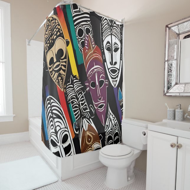 African Tribal Masks Colourful Shower Curtain (In Situ)