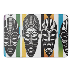 African Tribal Masks Colourful Stripes Bath Mat