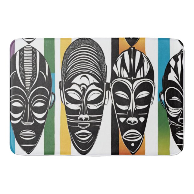 African Tribal Masks Colourful Stripes Bath Mat (Front)