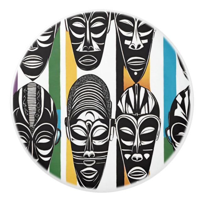 African Tribal Masks Colourful Stripes Ceramic Knob (Front)
