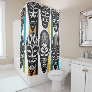 African Tribal Masks Colourful Stripes Shower Curtain