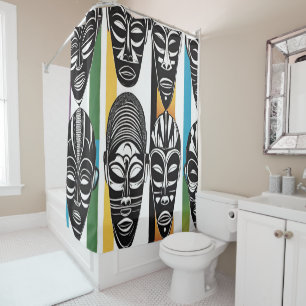 African Tribal Masks Colourful Stripes Shower Curtain