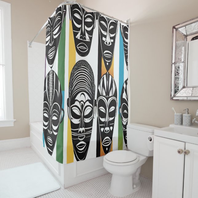 African Tribal Masks Colourful Stripes Shower Curtain (In Situ)