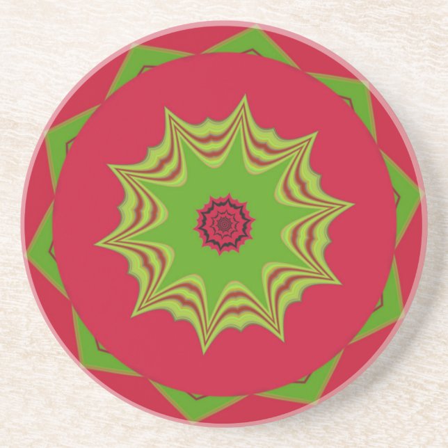 African Tribal Red & Green Mandala Coaster (Front)