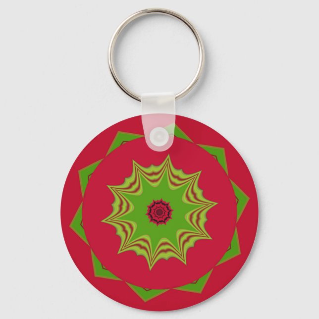 African Tribal Red & Green Mandala Key Ring (Front)