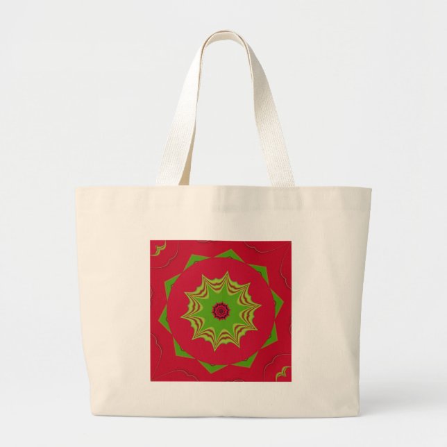 African Tribal Red & Green Mandala Large Tote Bag (Front)