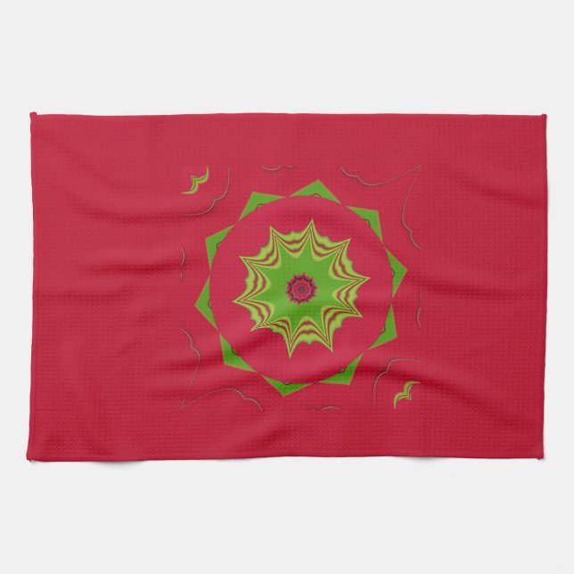 African Tribal Red & Green Mandala Tea Towel (Horizontal)