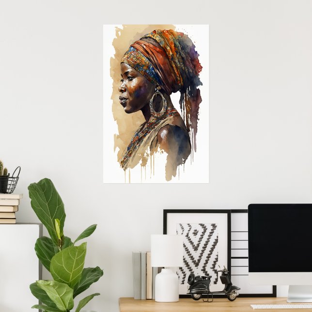 African Tribal Woman Watercolor Portrait Wall Art (Home Office)